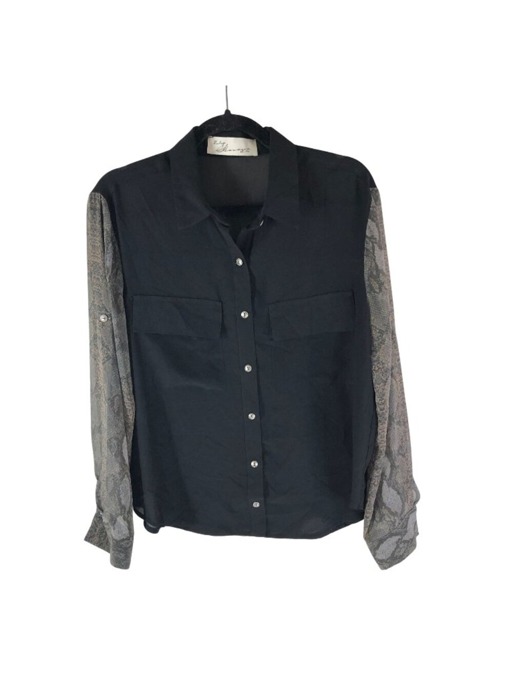 Vintage Havana Black Button-Down Shirt Sheer Snake Print Sleeves Size Small
